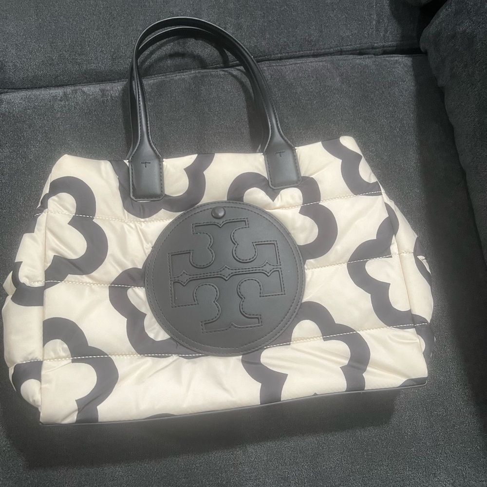 Tory Burch Black and Cream Geometric Tote